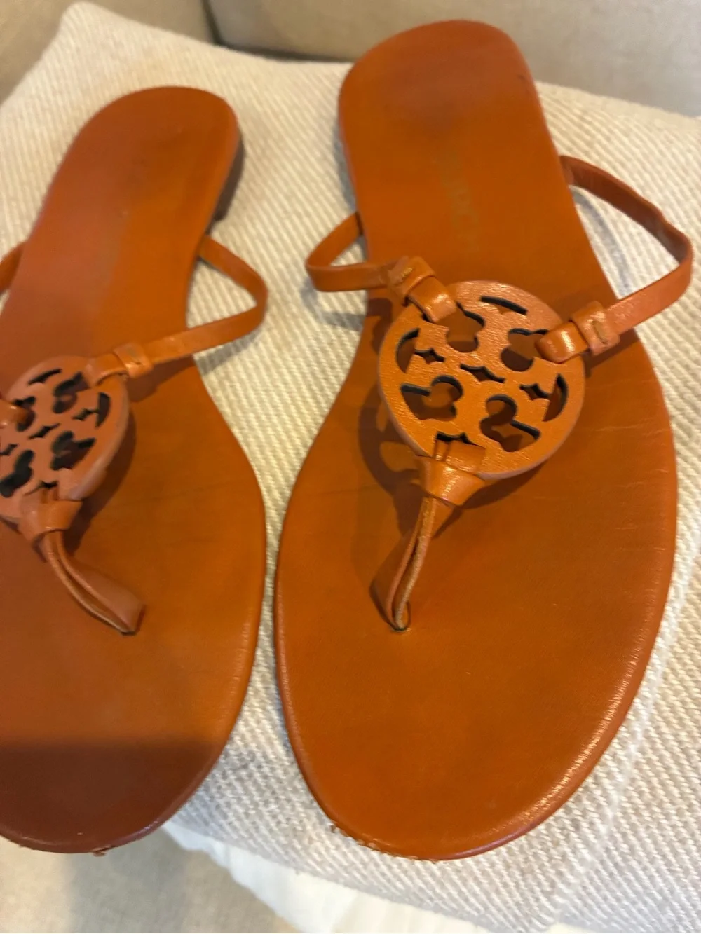 Tory Burch Cognac Leather Logo Thong Sandals